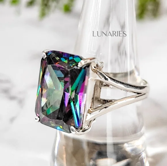 Rainbow Mystic Topaz Ring, 925 Sterling Silver, Emerald-Cut Size 9 - Picture 5 of 10